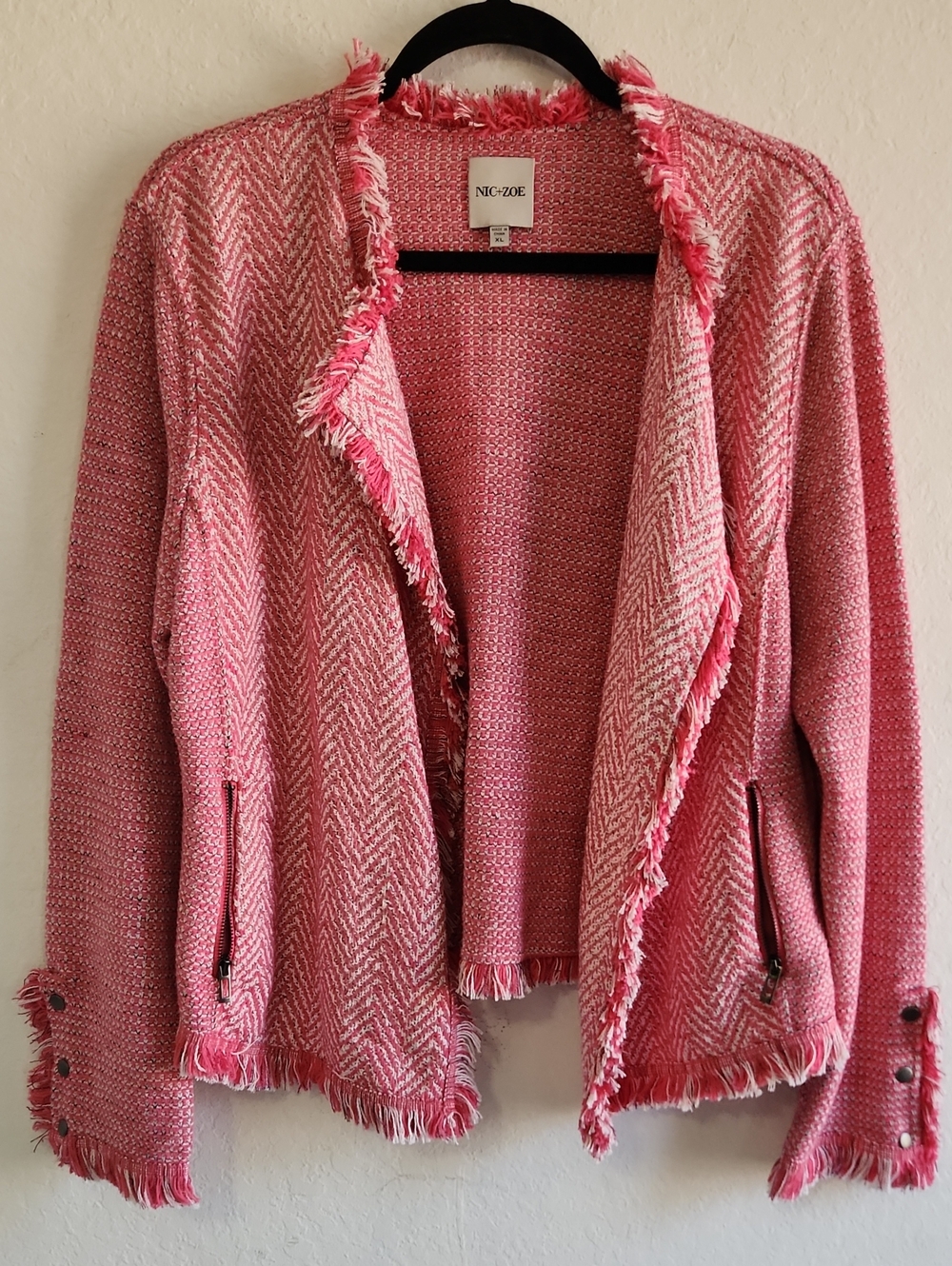 NIC+ZOE Preppy Business Casual Pink Tweed Fringed Open Front Knit Jacket XL